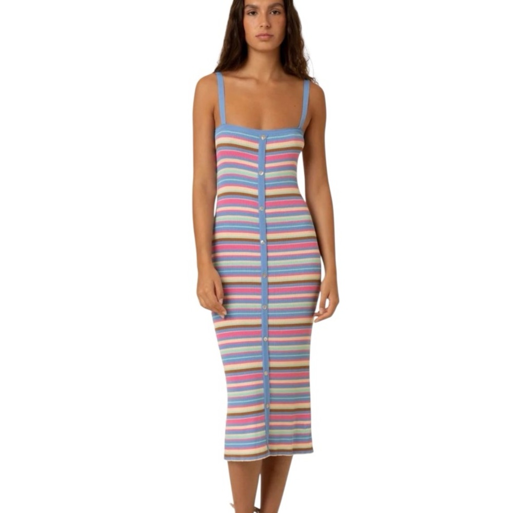 NWT FRNCH Tania Striped Ribbed Knit Bodycon Midi Dress in Arcenciel Stripe - M